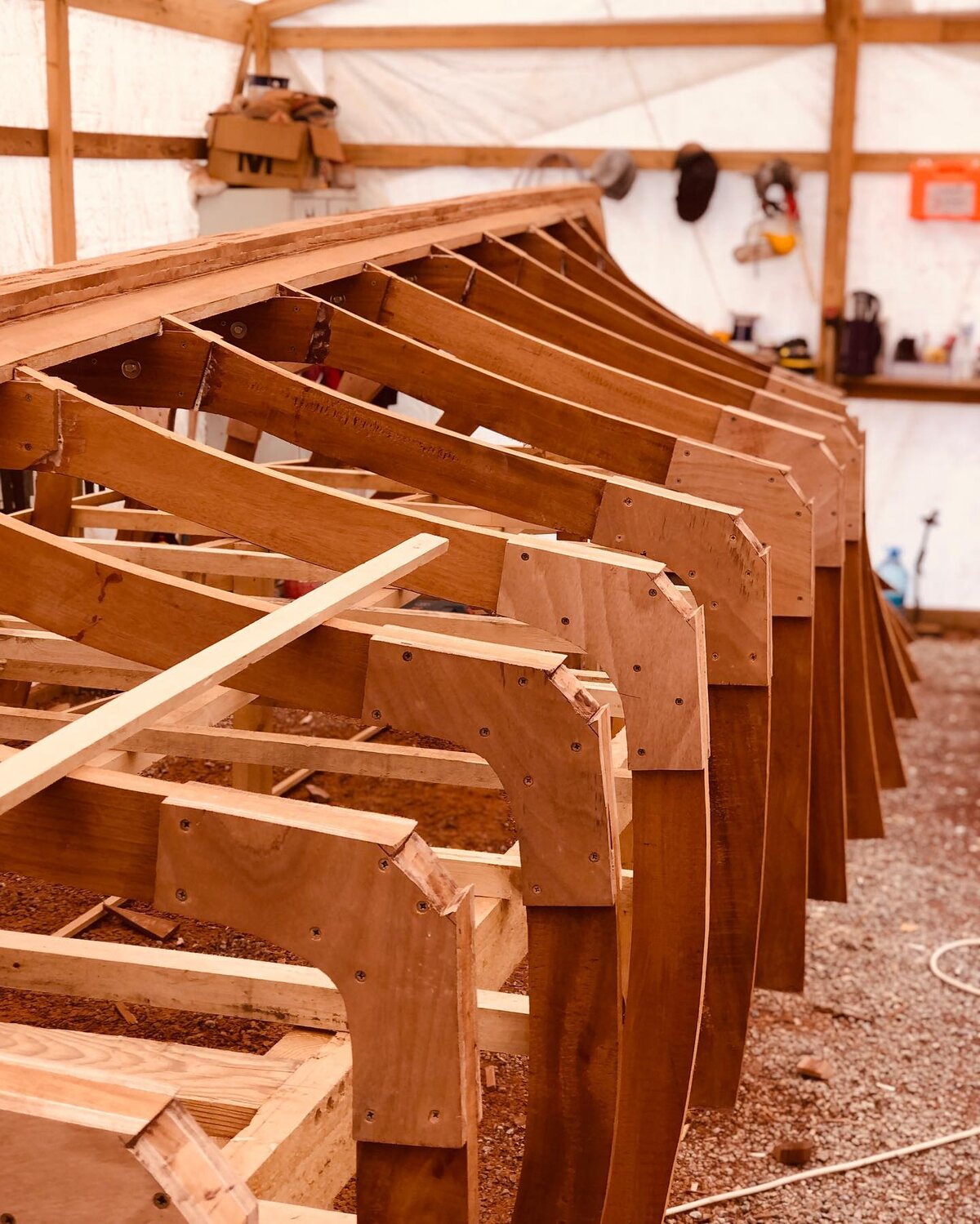 Row of laminated frames awaiting planking