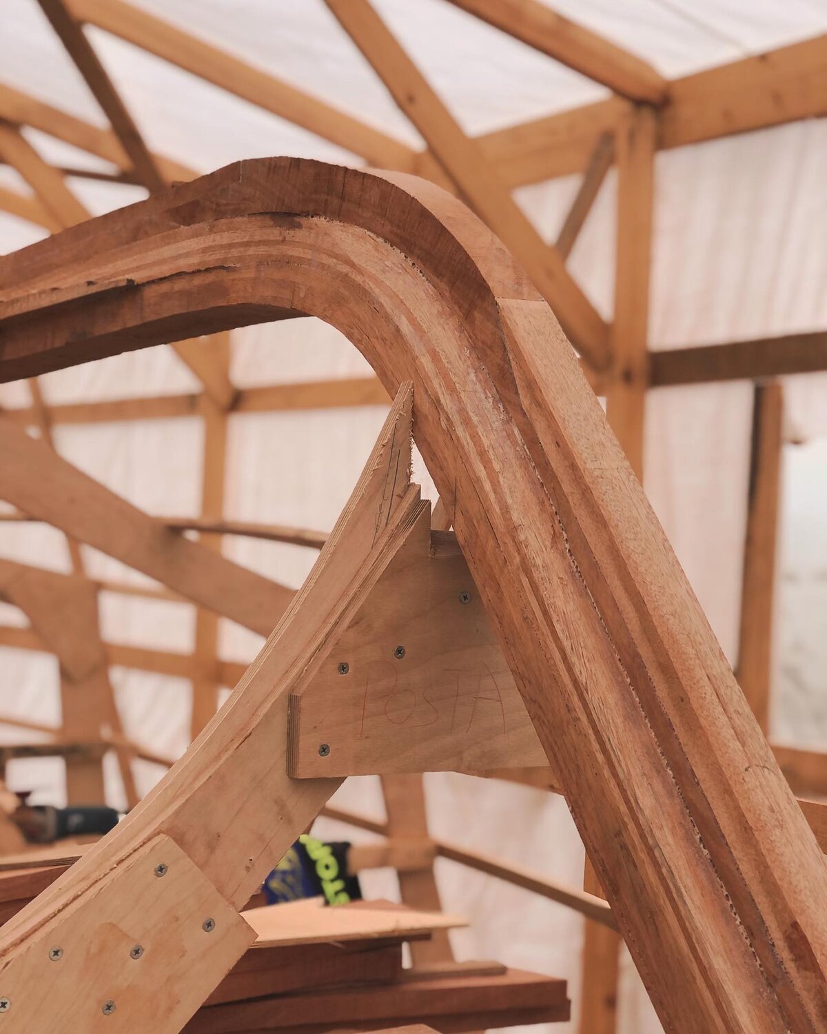 Laminated mahogany stem curve on the workshop bench