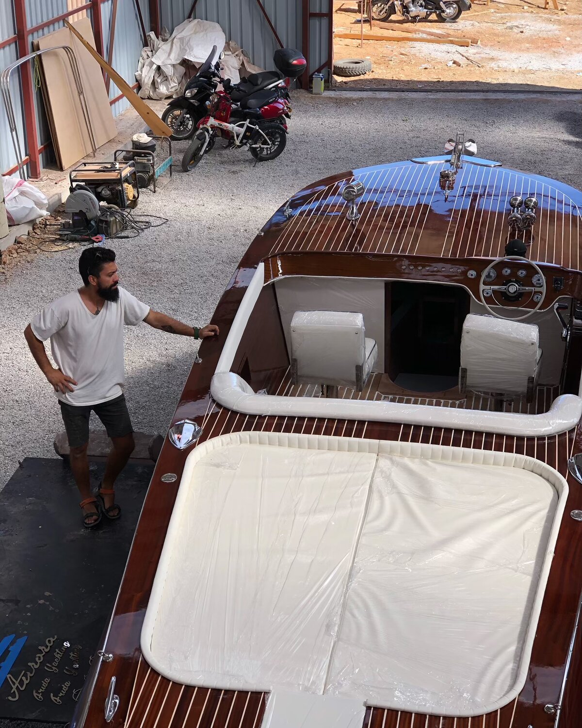 Finished Aurora 27 deck in mirror varnish inside the shed