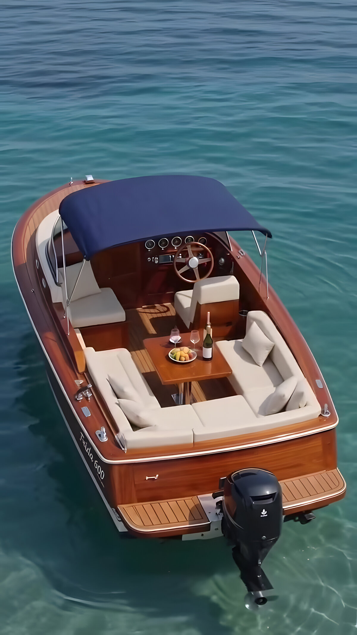 The Frida 600 at anchor on crystal-clear water, navy bimini rigged