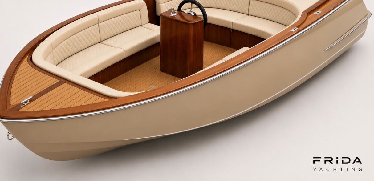 Frida 600 'Sand Beige' compact tender with teak deck and cream upholstery