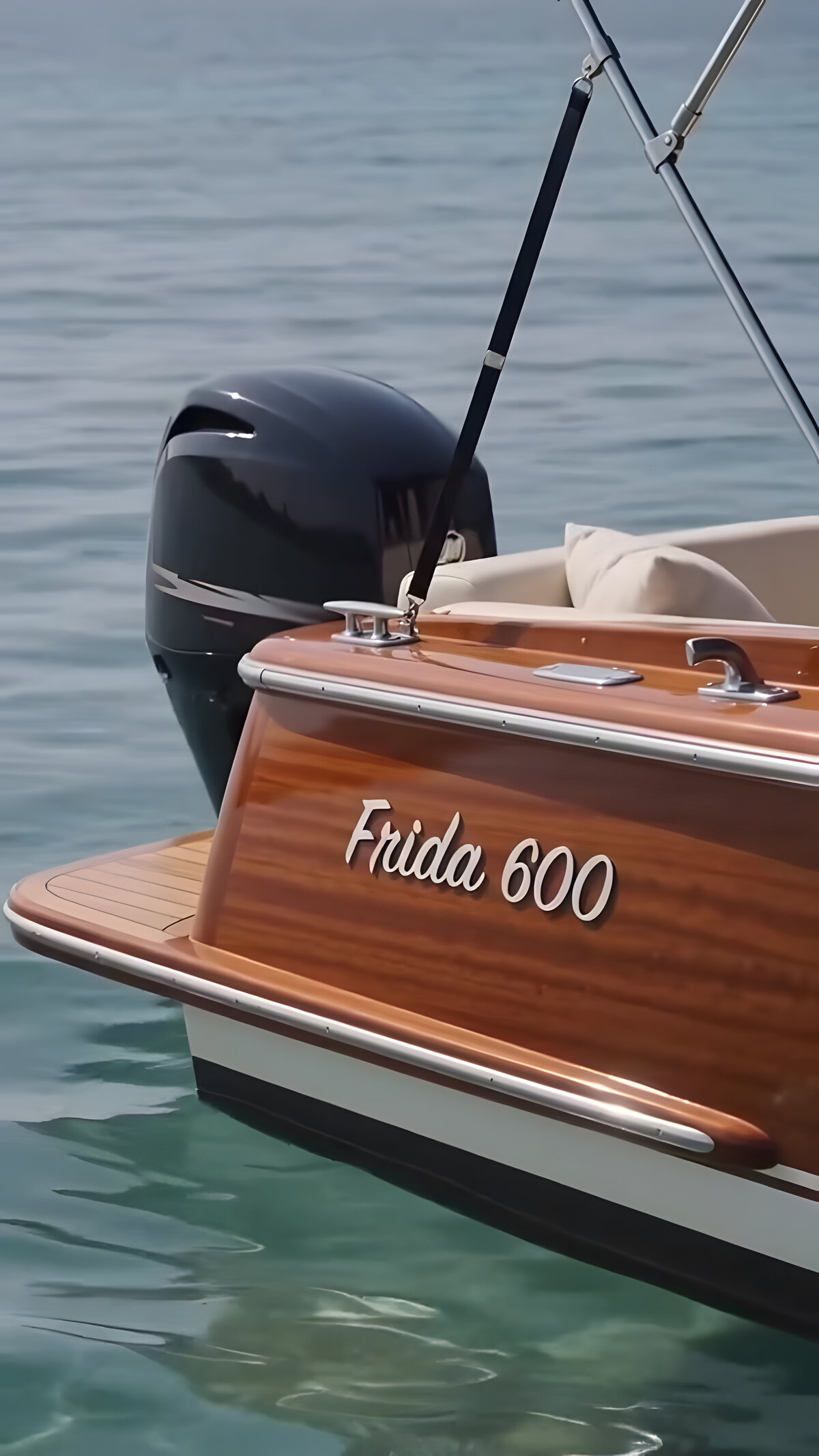 'Frida 600' hand-lettered on the varnished mahogany transom