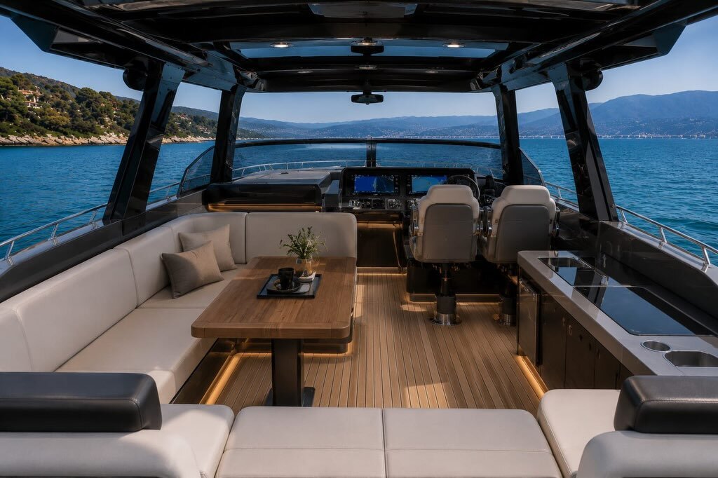Nexo saloon with timber table and helm — design render
