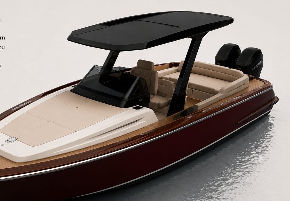 Vento compact lounge with dark hull and hardtop — official Frida render